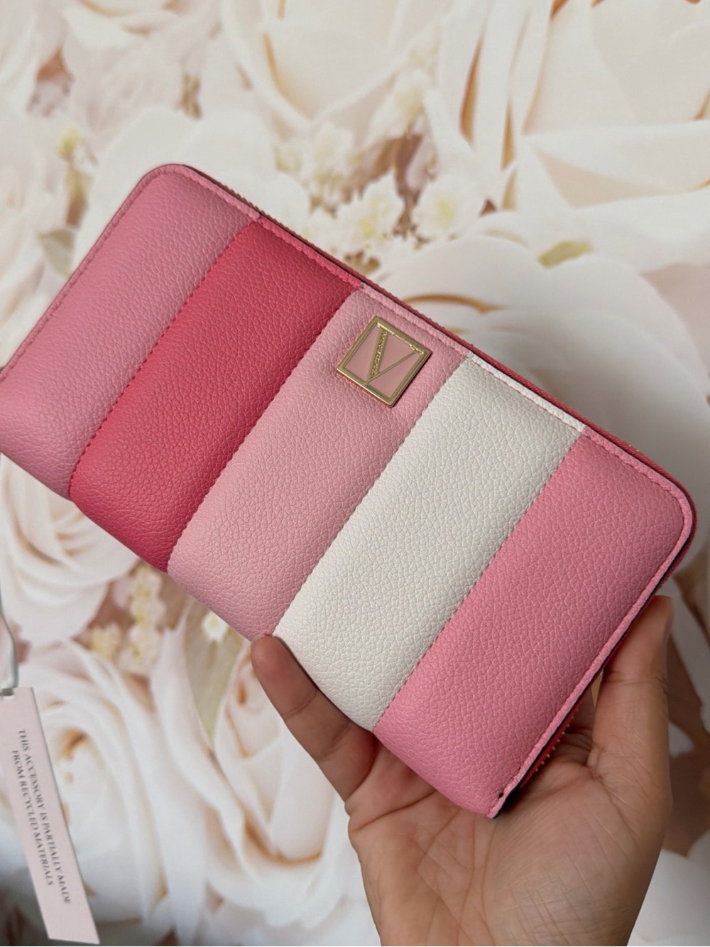 New Victoria's Secret Pink & White Stripe Zip Wallet with Gold V Emblem